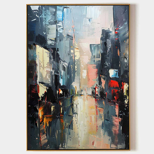 Vibrant Urban Landscape Oil Painting – Modern Cityscape Art for Home Decor