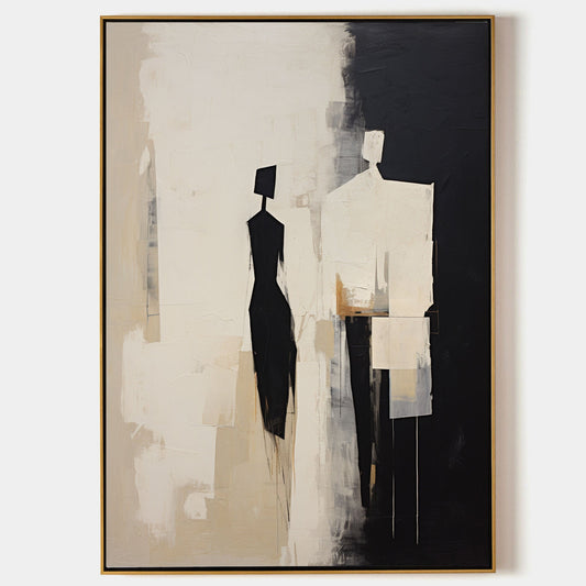 Elegant Black and White Contemporary Minimalist Oil Painting for Modern Decor
