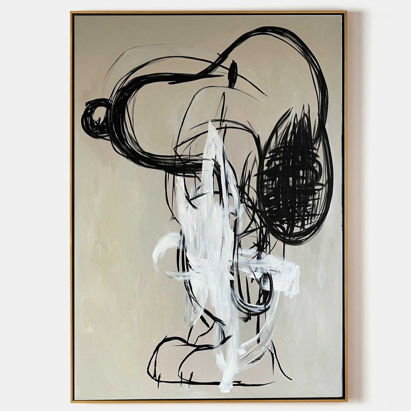 Modern Abstract Oil Painting with Dynamic Black and White Brushstrokes