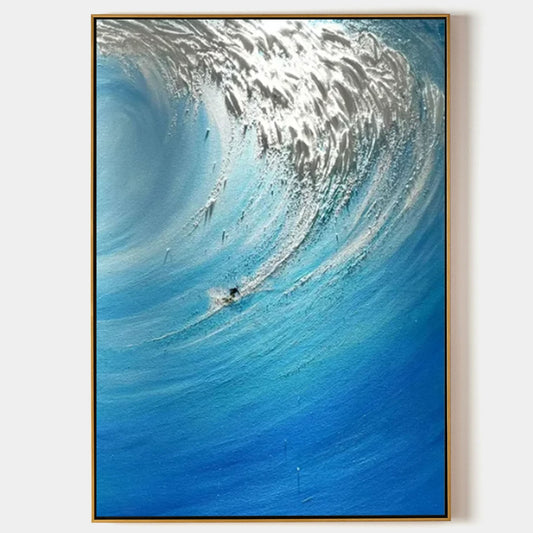 Dynamic Ocean Wave Oil Painting in Vibrant Blues and Silver Hues