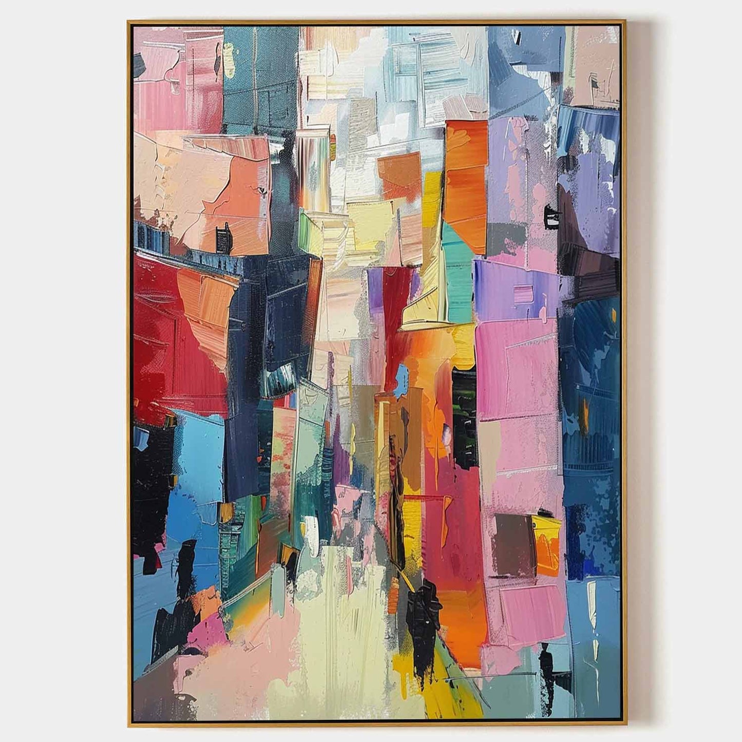 Vibrant Abstract Cityscape Oil Painting in Rich Color Palette for Modern Decor