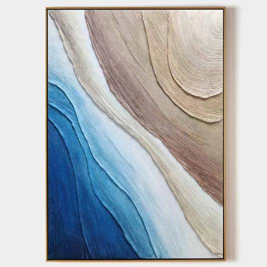 Abstract Ocean Waves Oil Painting with Textured Layers in Blues and Neutrals