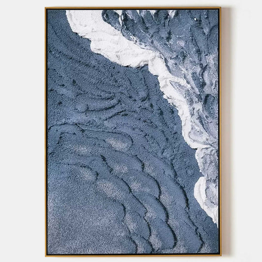 Textured Coastal Landscape Oil Painting in Blue and White Tones for Contemporary Decor