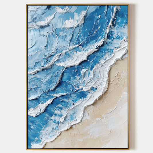 Stunning Blue and White Ocean Wave Oil Painting for Coastal Home Decor