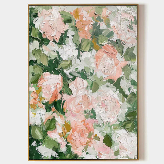 Vibrant Floral Oil Painting with Soft Pink Roses and Lush Greenery