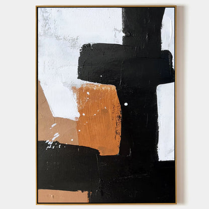 Modern Minimalist Abstract Oil Painting in Black, White, and Copper Tones