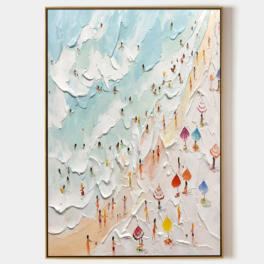 Vibrant Beach Day Oil Painting with Textured Waves and Colorful Sunbathers