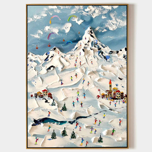 Vibrant Winter Wonderland: Skiers in a Snowy Mountain Landscape Oil Painting