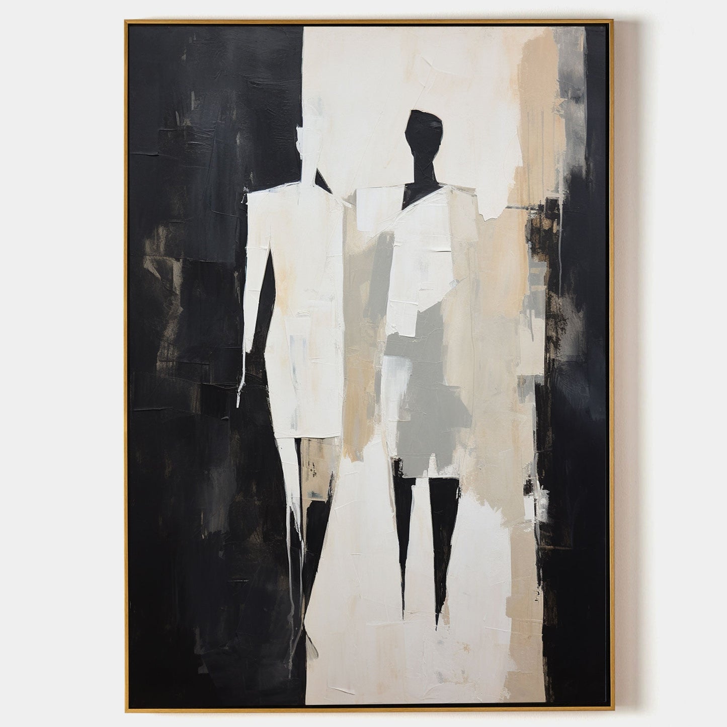 Abstract Figures in Black and White Minimalist Oil Painting for Modern Home Decor