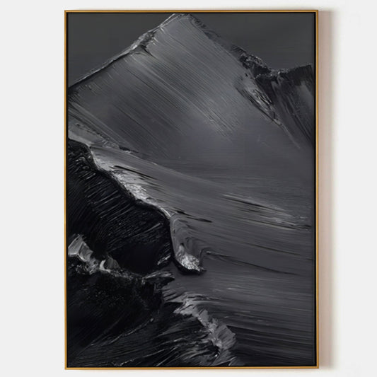 Monochrome Mountain Landscape Oil Painting with Textured Finish