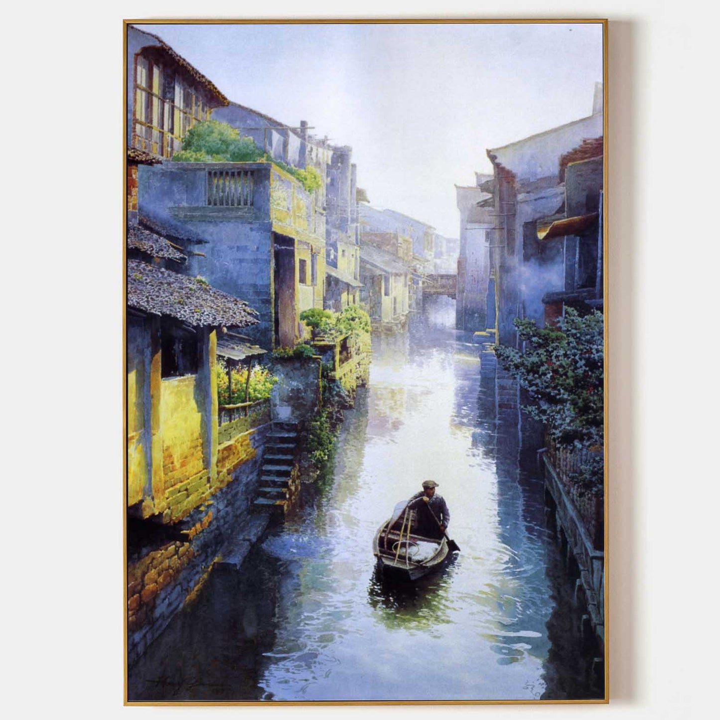 Tranquil Waterway: Stunning Hyperrealistic Oil Painting of a Serene Canal Scene