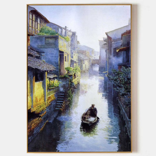 Tranquil Waterway: Stunning Hyperrealistic Oil Painting of a Serene Canal Scene