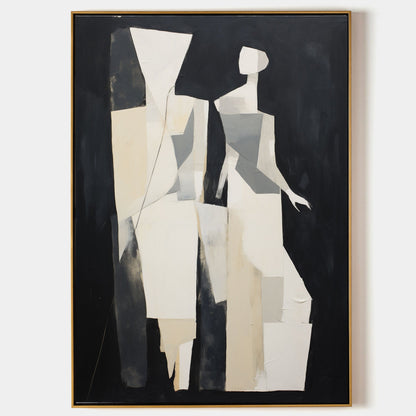 Abstract Minimalist Oil Painting of Stylized Figures in Black and White