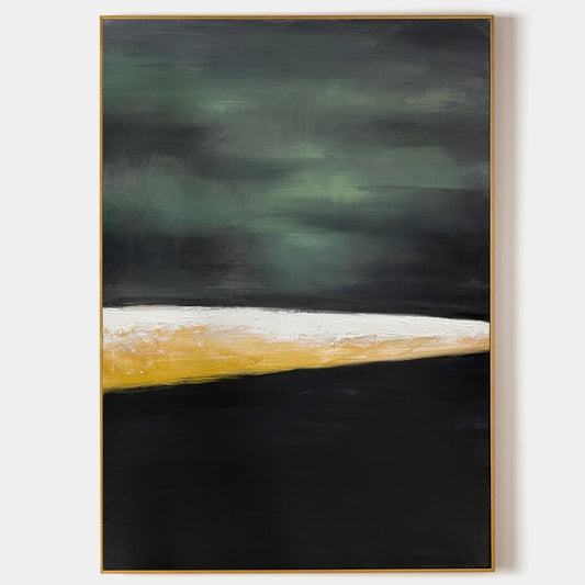 Contemporary Abstract Oil Painting with Green, Black, and Gold Tones for Modern Decor