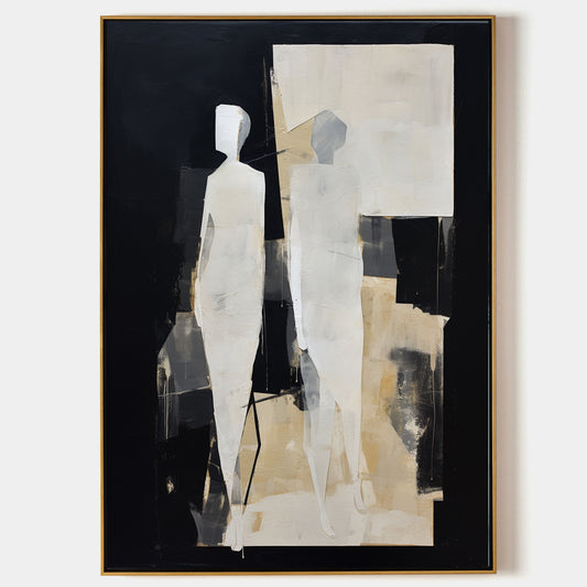 Modern Abstract Oil Painting of Figures in Minimalist Black and White Composition