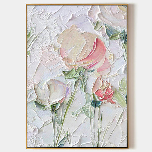 Textured Floral Oil Painting with Soft Pastels and Elegant Plaster Finish