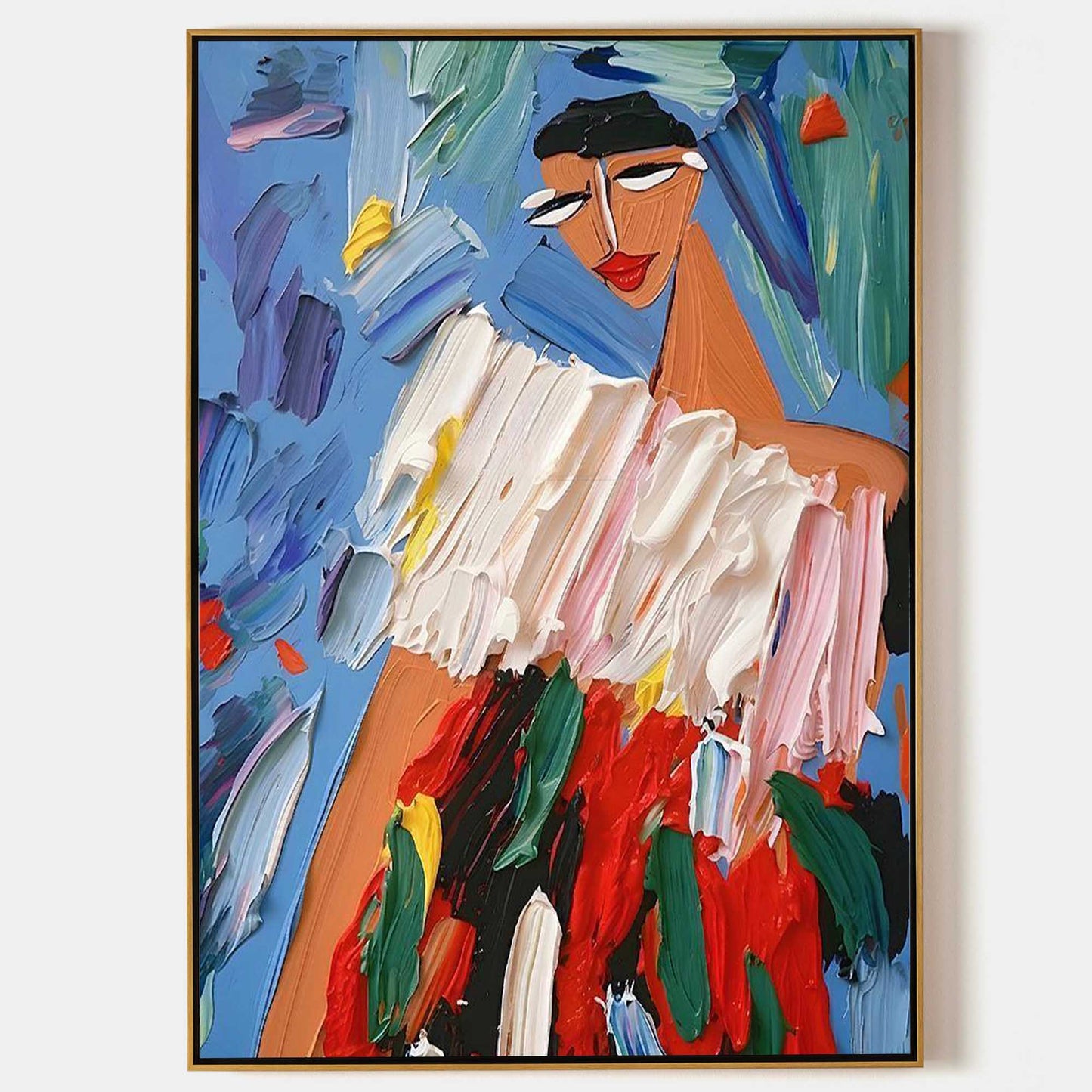 Vibrant Abstract Oil Painting of a Woman in Colorful Attire and Expressive Background