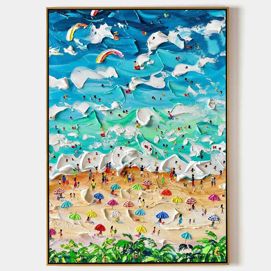 Vibrant Beach Scene Oil Painting with Textured Waves and Colorful Umbrellas