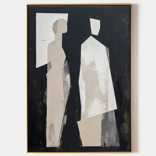 Modern Minimalist Oil Painting of Abstract Figures in Black and White