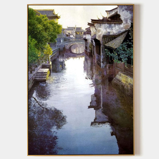 Tranquil Waterway Landscape Oil Painting in Hyperrealism Style