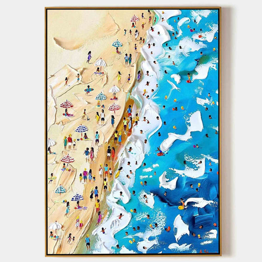Vibrant Beach Scene Oil Painting with Sunbathers and Colorful Parasols