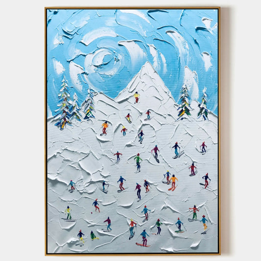 Vibrant Winter Adventure Oil Painting with Skiers and Snow-Capped Mountains