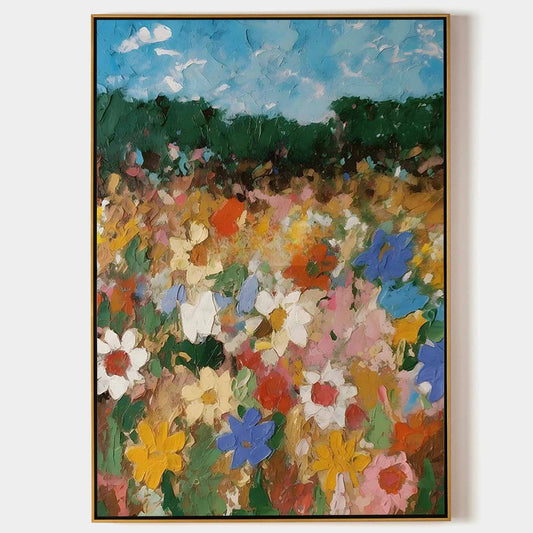 Vibrant Floral Landscape Oil Painting - Colorful Flower Field Art Piece for Home Decor