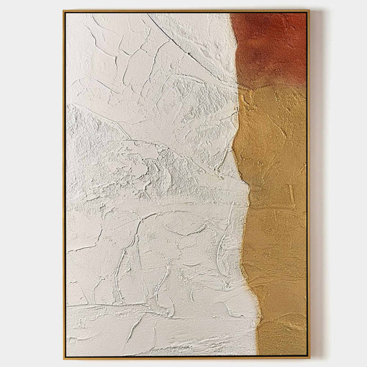 Sleek Modern Abstract Oil Painting with Textured White and Gold Accents