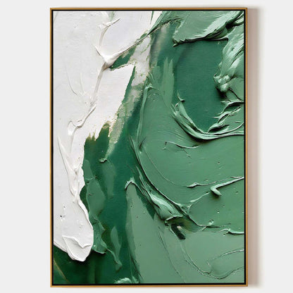 Abstract Green Textured Oil Painting with White Accents for Contemporary Home Decor