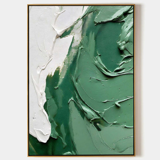 Abstract Green Textured Oil Painting with White Accents for Contemporary Home Decor