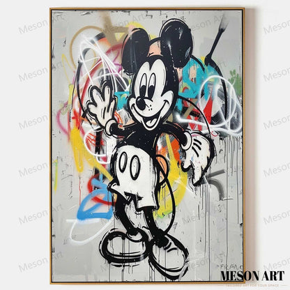 Vibrant Mickey Mouse Abstract Graffiti Oil Painting for Contemporary Home Decor