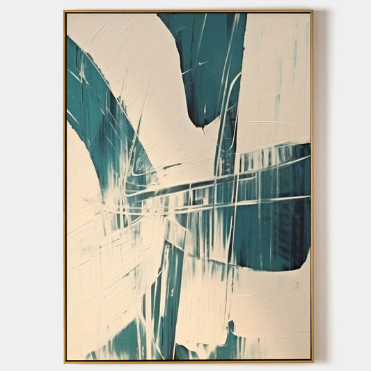 Abstract Teal and White Oil Painting for Modern Minimalist Decor