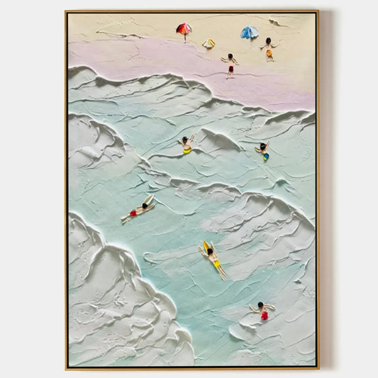 Vibrant Beach Scene Oil Painting with Textured Waves and Sunbathers