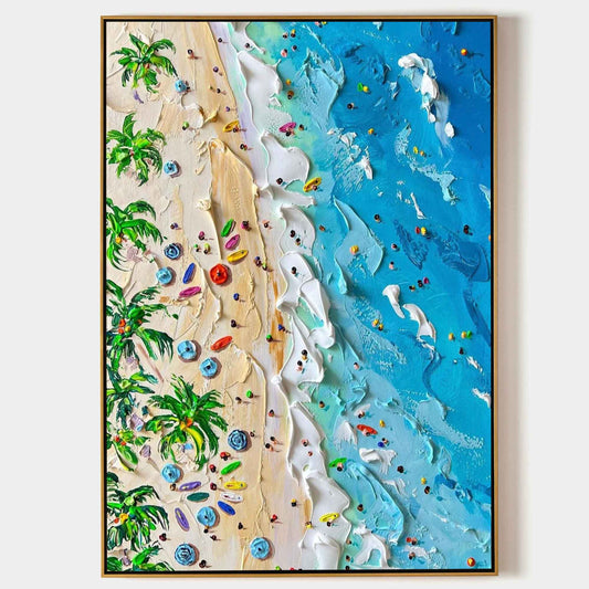 Vibrant Tropical Beach Oil Painting with Textured Waves and Lush Palm Trees