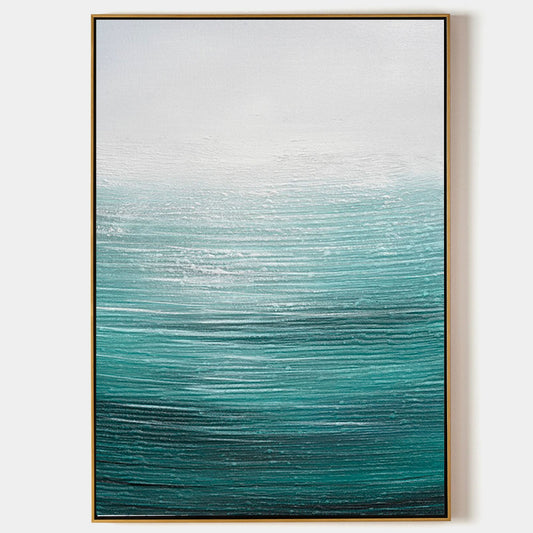 Tranquil Ocean Waves Oil Painting in Serene Blue and White Tones for Coastal Decor