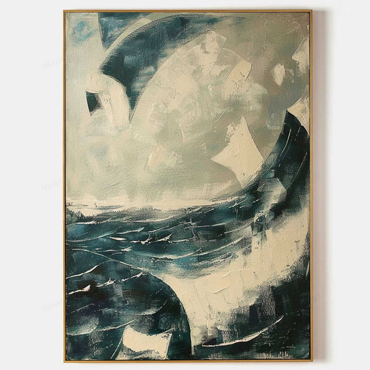 Abstract Ocean Waves Oil Painting with Textured Brushwork for Modern Decor