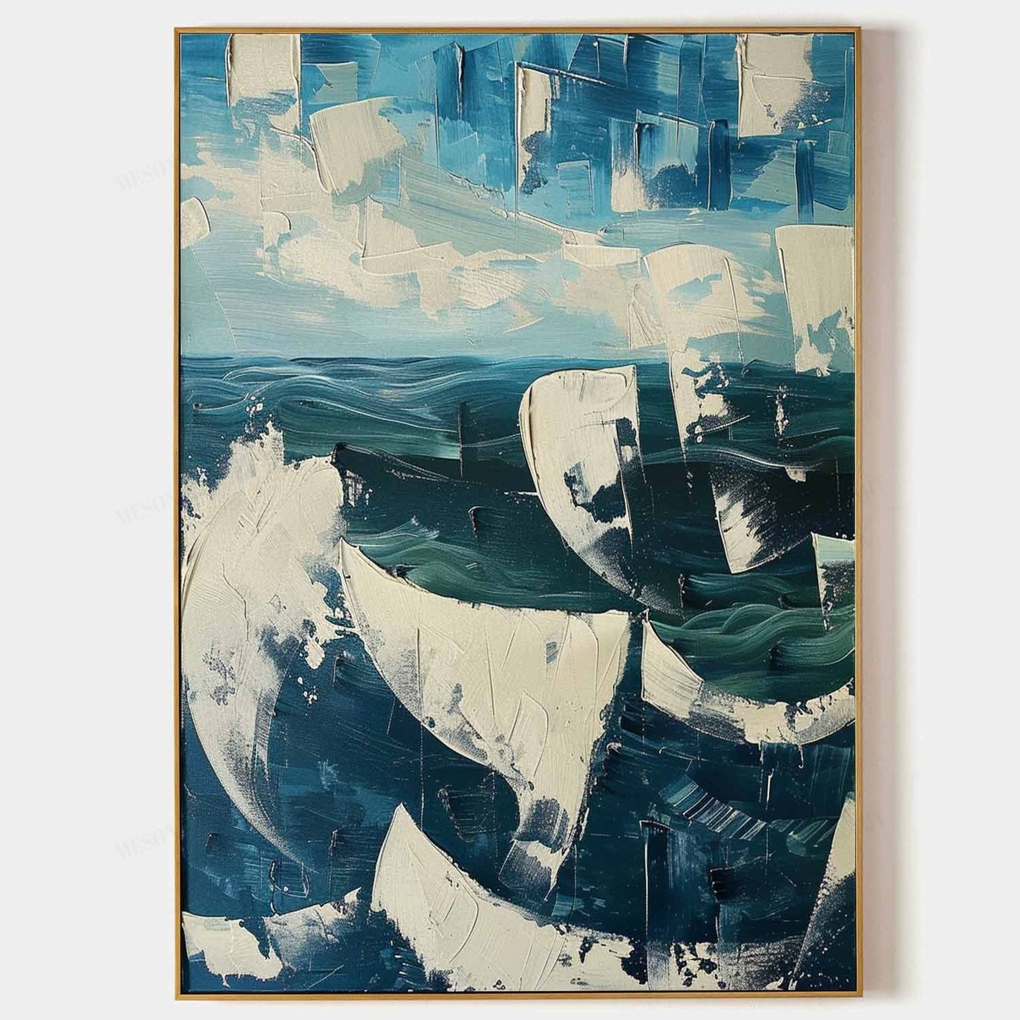 Vibrant Abstract Ocean Waves Oil Painting with Textured Plaster Finish