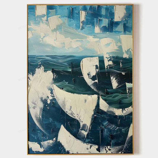 Vibrant Abstract Ocean Waves Oil Painting with Textured Plaster Finish