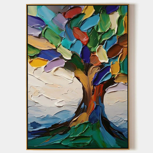 Vibrant Abstract Tree Oil Painting with Colorful Textures and Scenic Background