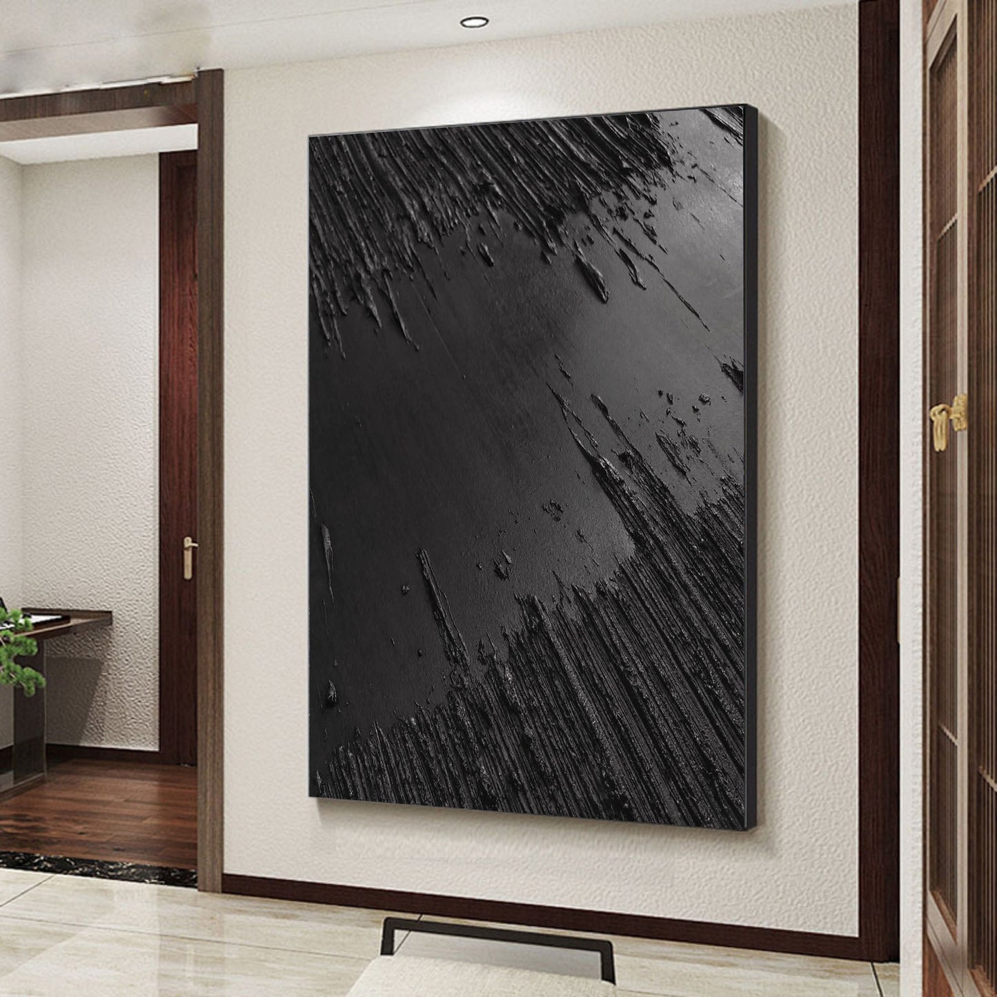 Textured Black Abstract Oil Painting for Modern Monochrome Home Decor