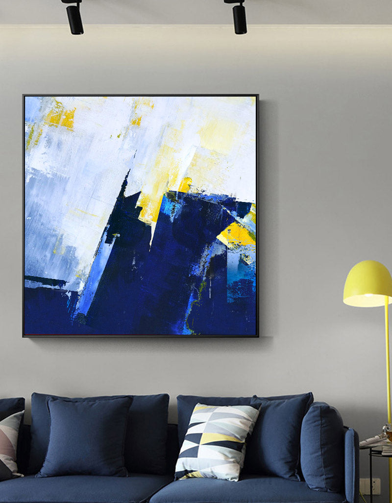 Vibrant Blue and Yellow Abstract Oil Painting for Modern Home Decor