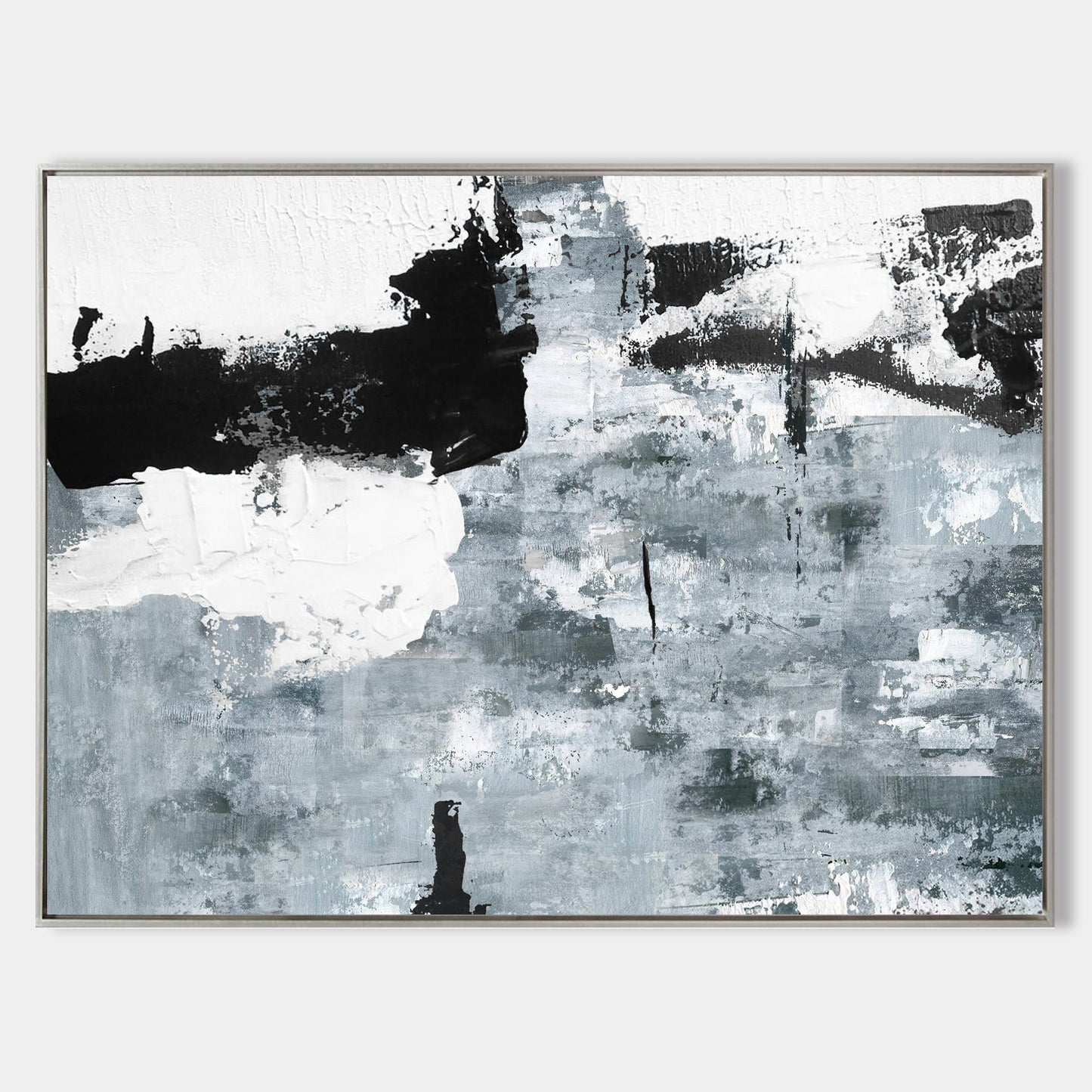 Monochrome Cyan and Black Abstract Oil Painting for Modern Home Decor