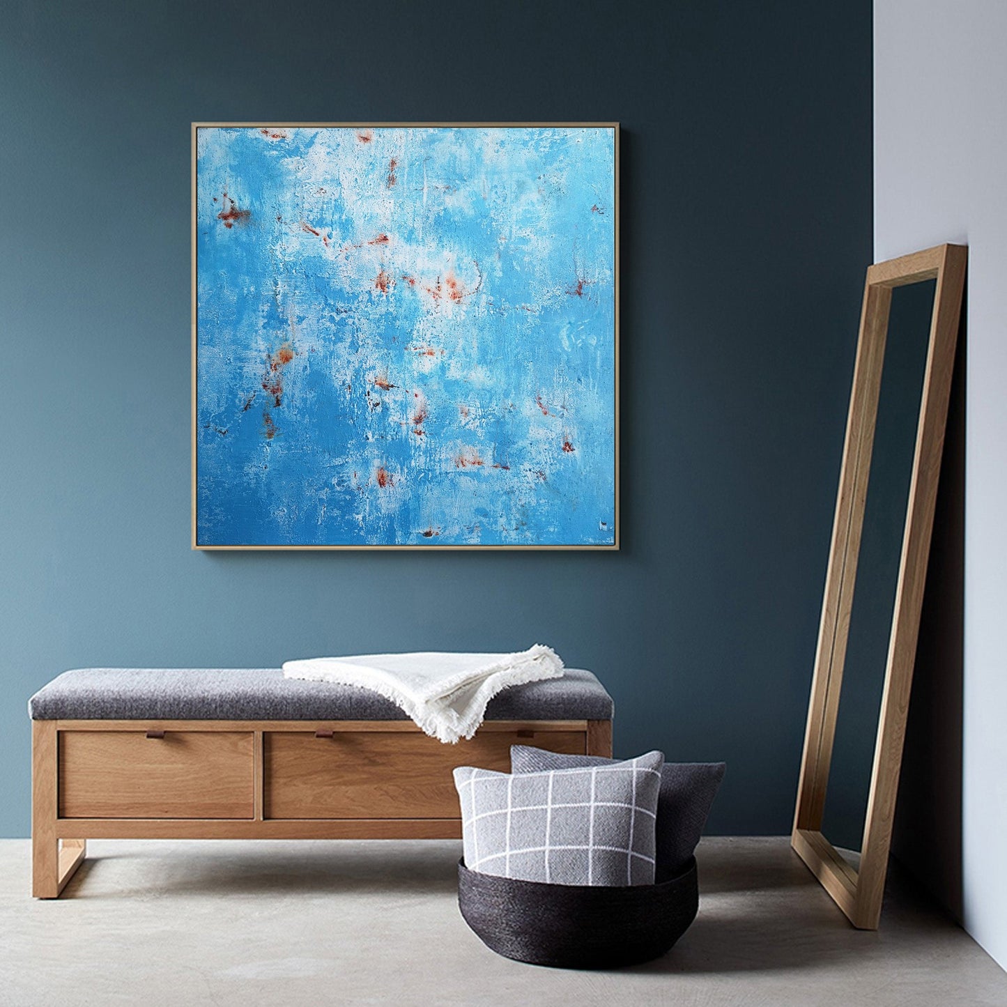 Vibrant Blue and Rust Abstract Oil Painting for Modern Home Decor