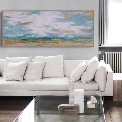Vivid Coastal Dreamscape Oil Painting with Waves and Dramatic Clouds