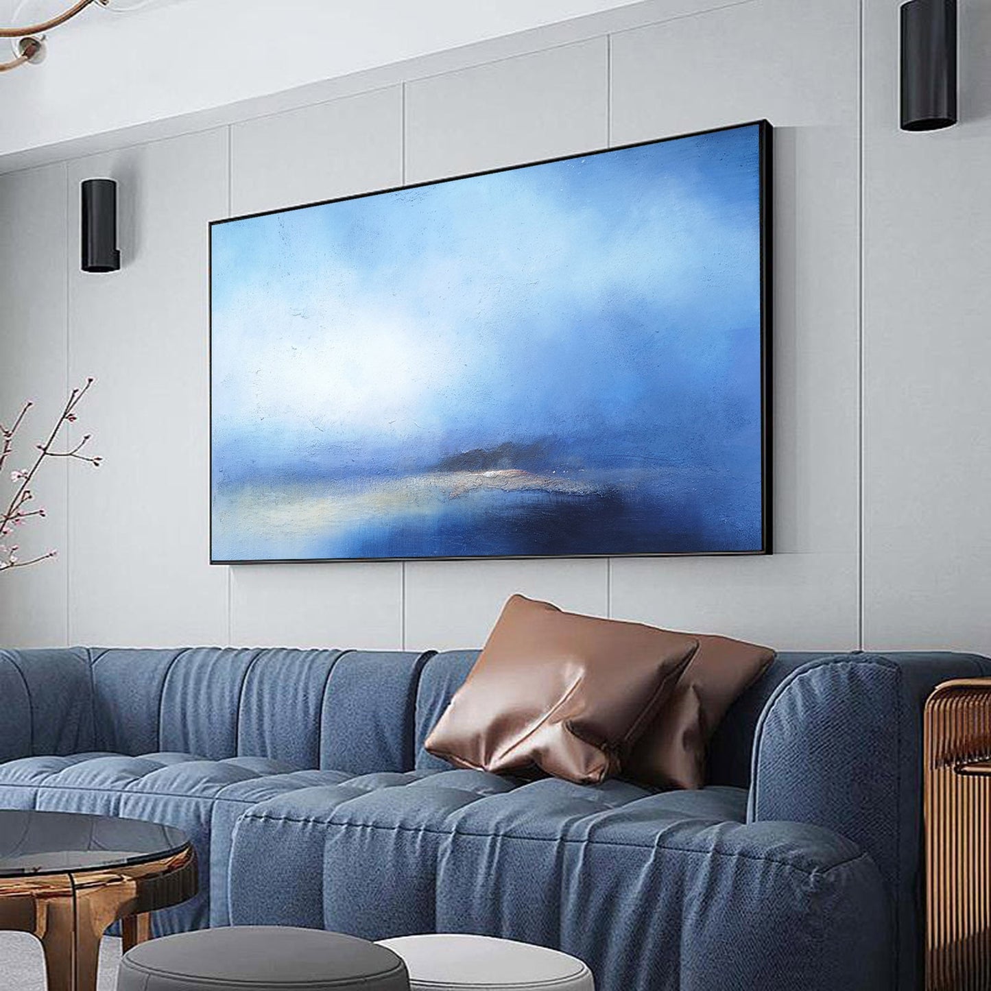 Serene Blue Ocean Horizon Abstract Oil Painting for Tranquil Home Decor