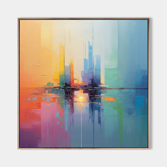 Vibrant Cityscape Reflection in Abstract Oil Painting for Modern Home Decor