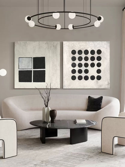 Modern Abstract Duo - Black and White Geometric Oil Paintings for Contemporary Decor
