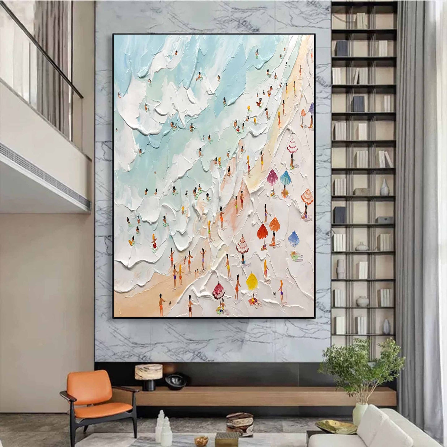 Vibrant Beach Day Oil Painting with Textured Waves and Colorful Sunbathers
