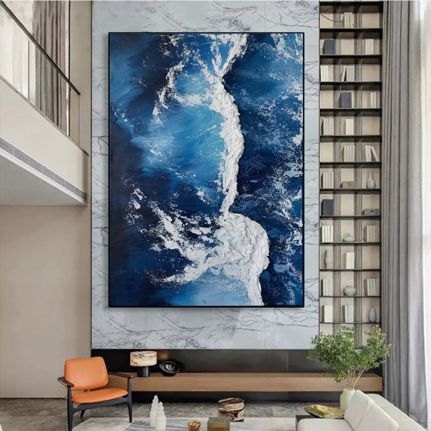 Stunning Abstract Blue Oil Painting with Textured Plaster Finish for Modern Decor