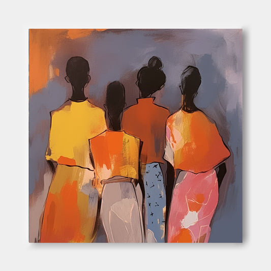 Colorful Abstract Oil Painting of Four Figures on Canvas